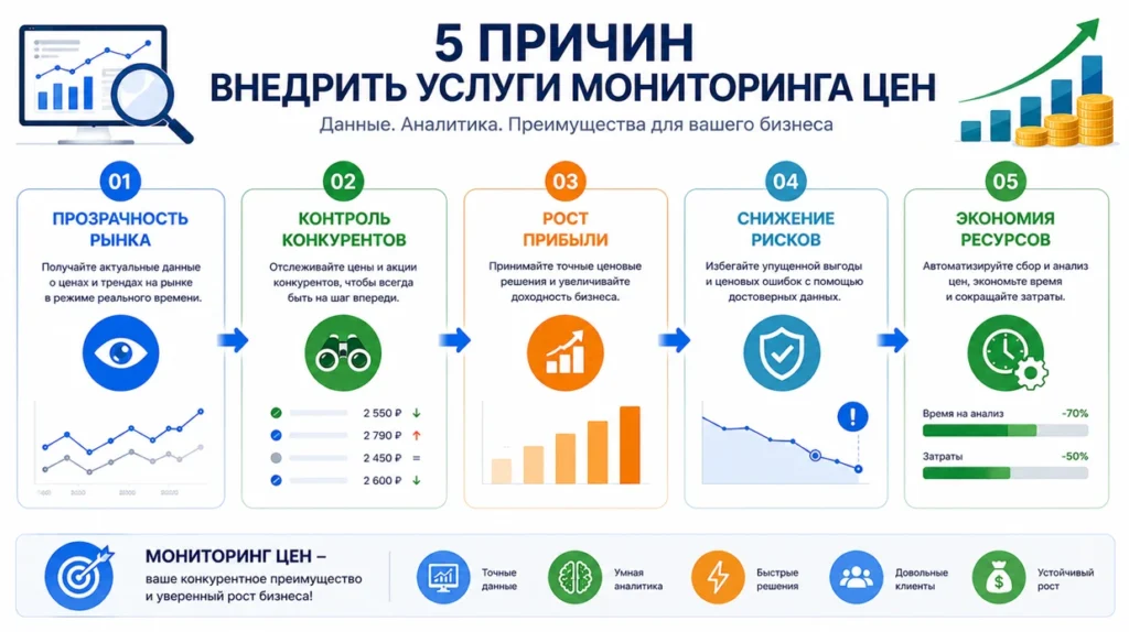 Инфографика: 5 причин внедрить мониторинг цен — прозрачность, контроль конкурентов и рост прибыли