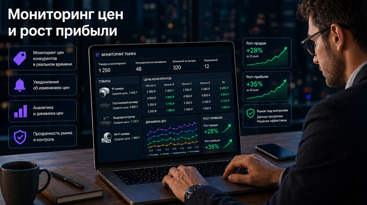 eCommerce-менеджер анализирует цены и прибыль, графики и уведомления на экране ноутбука в современном офисе.